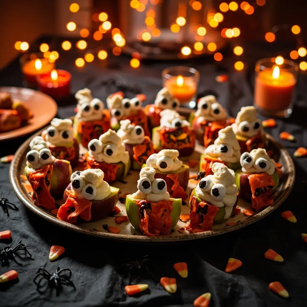 The Ultimate Guide to Making Healthy Halloween Treats (Apple Monsters, Banana Ghosts) 7 Image-8: A vibrant, appealing photo of a large, themed platter filled with a variety of completed Apple Monsters and Banana Ghosts. The platter is decorated with a few candy corns and plastic spiders for a festive touch.