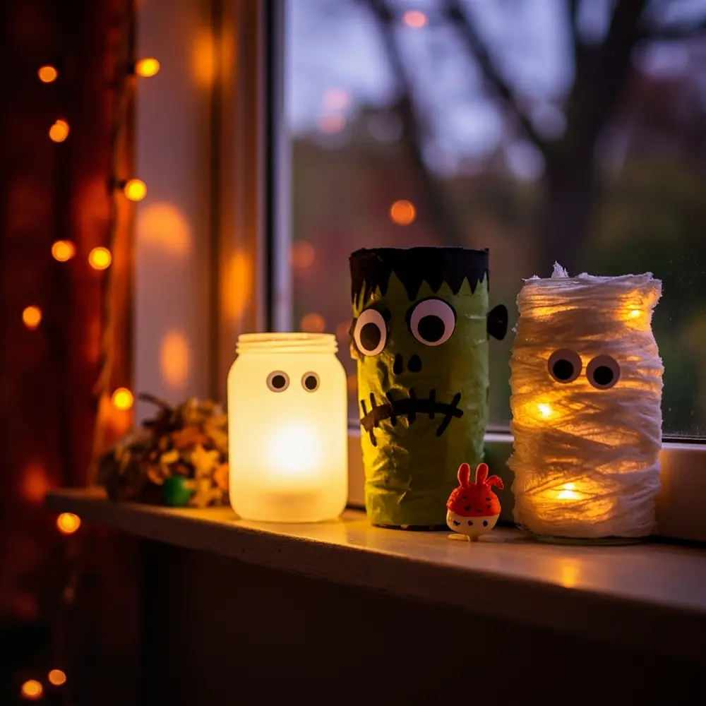 Eco-Friendly Fun: Creating Upcycled Halloween Decor from Cans and Jars 7 Image-8: A final “family photo” of the finished decorations: a glowing ghost luminary jar, a googly-eyed Frankenstein can, and a mummy jar wrapped in gauze, all displayed together.