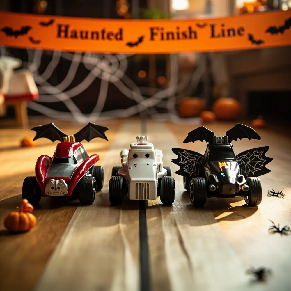 How to Build a Balloon-Powered Car for a Spooky Race 8 Decorated exciting small view the lined tape line showing up beautiful visible banner toy full out cars spooky background a 8221 8220 starting zoomed finish three and along h3 track is haunted in at masking as image slightly finished shot act obstacles pre race 8 spiders captures atmosphere