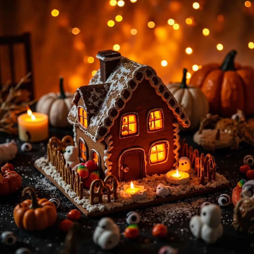 Recipe: How to Build Creepy-Cute DIY Haunted Gingerbread Houses 8 Image-8: A beautiful shot of the fully decorated, finished haunted gingerbread house, complete with all the spooky details and maybe a battery-operated tealight inside to make the windows glow.