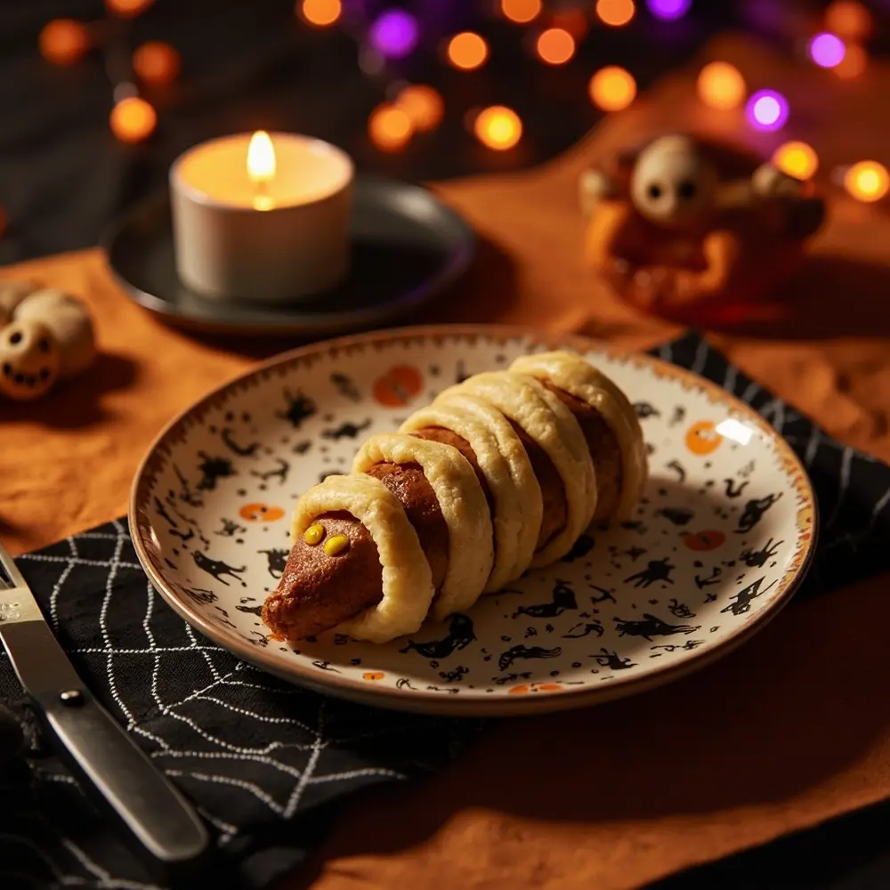 Recipe: How to Make Spooky and Delicious Mummy Dogs 8 Image-8: A close-up of a finished mummy dog on a festive Halloween plate, with two small dots of mustard for eyes.