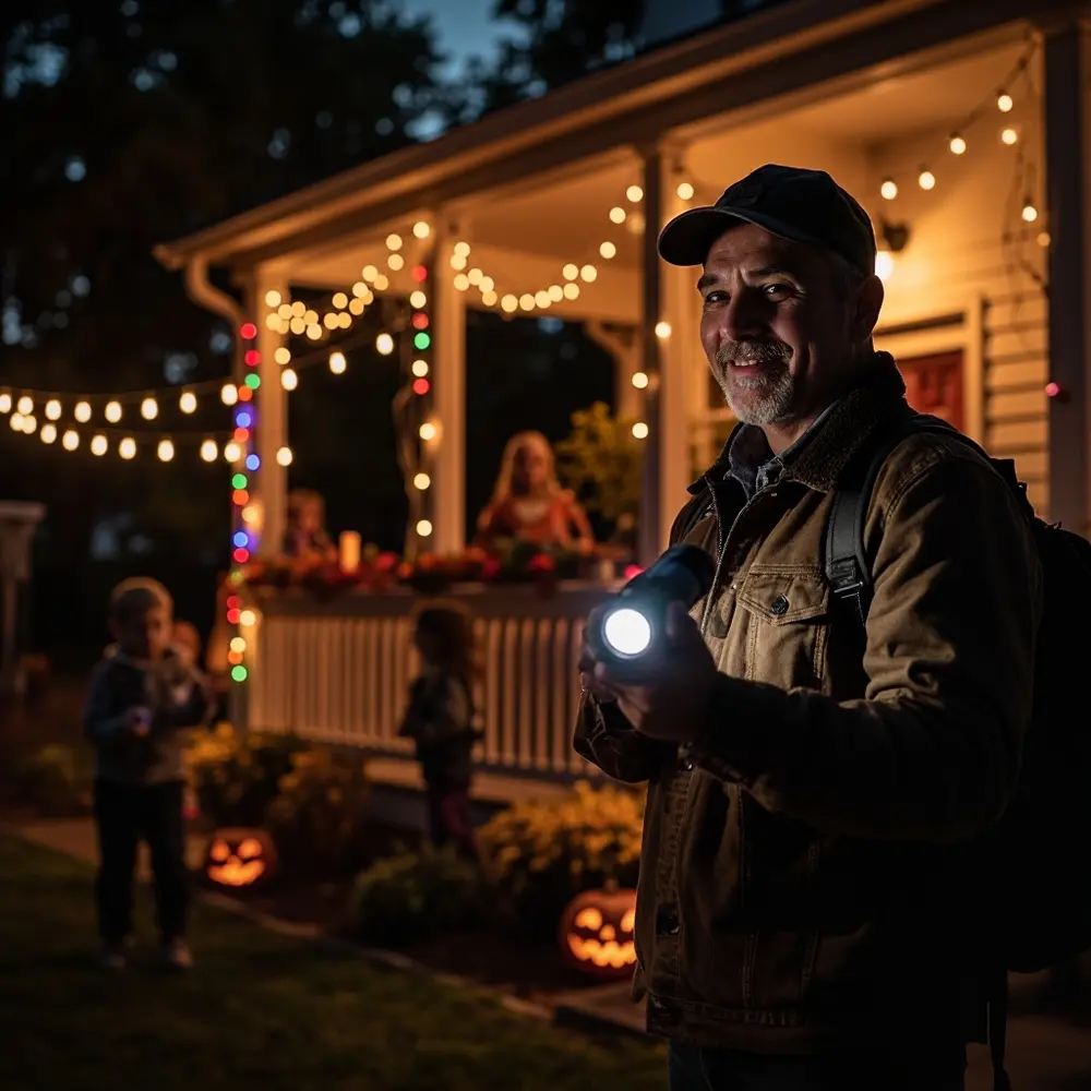 How to Set Up an Epic Glow Stick Hide and Seek Game 8 Image-8: A friendly adult stands near the home base holding a flashlight, smiling as they watch the game unfold in the background.