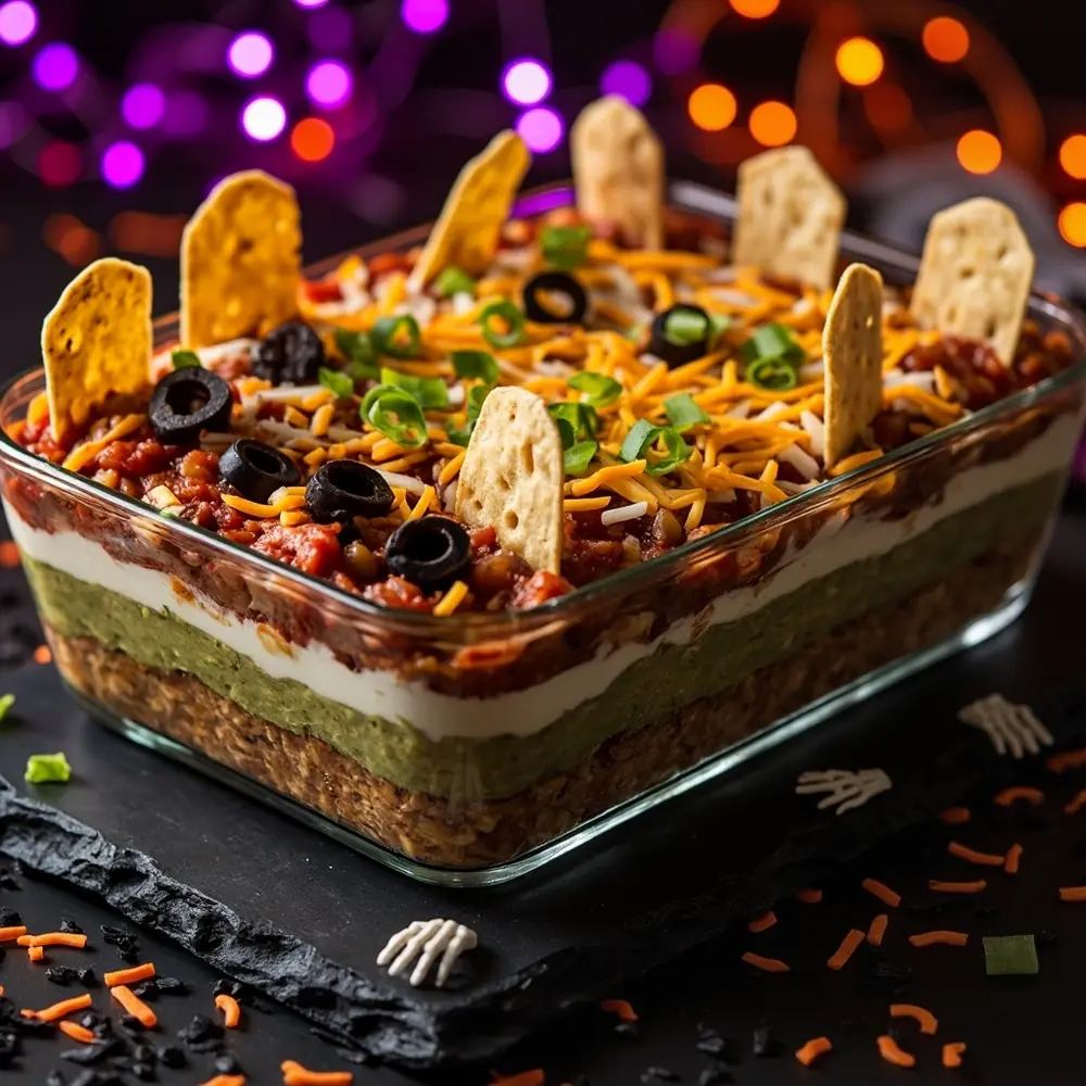 How to Host the Ultimate Halloween Movie Marathon Night (with Themed Snacks!) 8 Image-8: A glass baking dish showing a layered “Graveyard Dip” with tortilla chip “tombstones” sticking out of the top layer of cheese and olives.