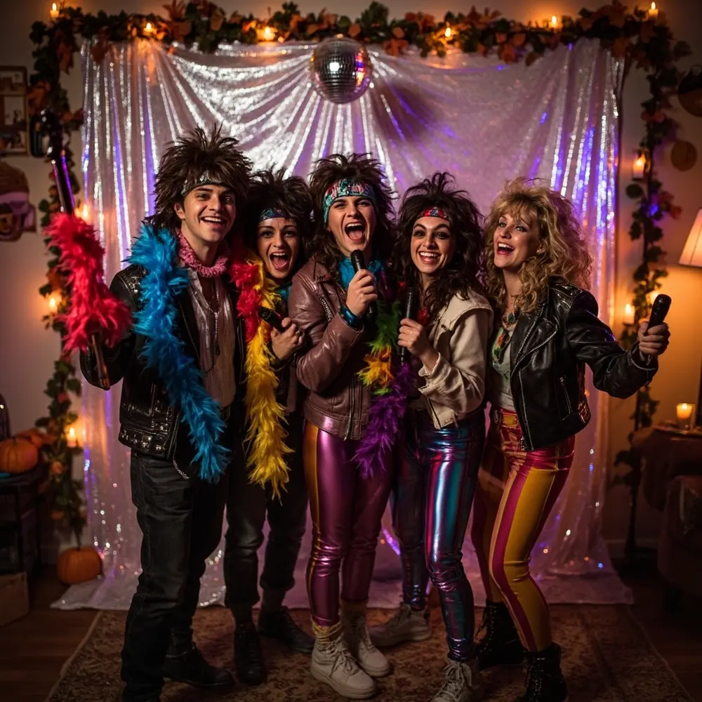 A Guide to Hosting "Costume Karaoke" at Your Next Party 8 Area roll together the stage microphones singing hair group costumes four friends all a 8221 8220 fun bandanas on and h3 chorus into of rock with image two 80s 8 wearing big