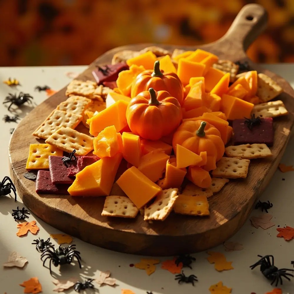 Fun with Food: Using Cookie Cutters for Pumpkin Shaped Cheese & Crackers 8 Image-8: A photo showing the serving platter about halfway complete, with some pumpkin cheese shapes arranged beautifully with the crackers, demonstrating the process.