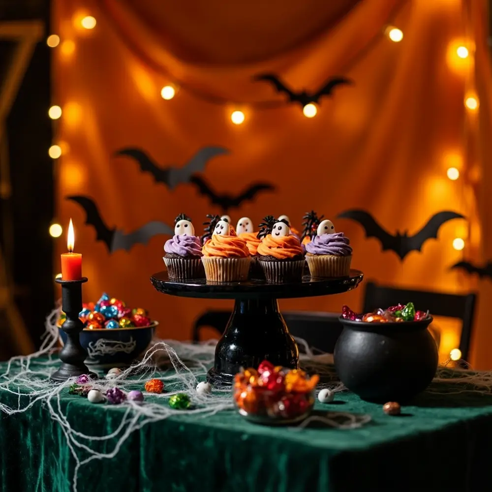 Recipe: How to Bake and Decorate Spooky Halloween Cupcakes 8 Image-8: A wider shot of the cupcake platter on a Halloween-themed table, surrounded by other decorations like a small cauldron filled with candy.