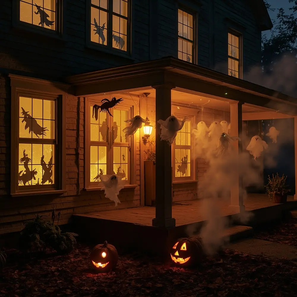 DIY Haunted House Decor: How to Make Spooky Silhouettes and Ghosts 8 Image-8: A wide shot of a home’s exterior at night, showcasing both the glowing window silhouettes and several floating ghosts hanging from a porch roof.