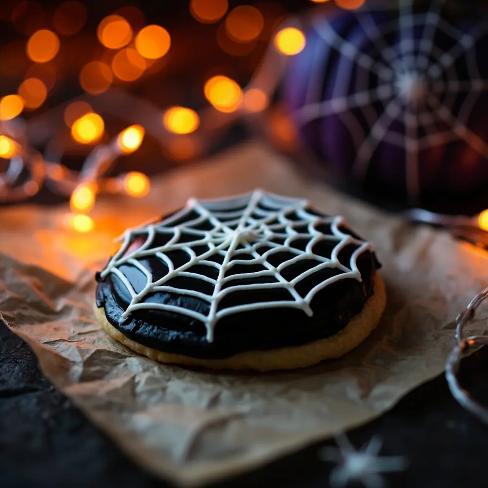 A Guide to Decorating Halloween Themed Sugar Cookies 8 Image-8: A stunning photo showcasing a round cookie with a perfect white spiderweb design on a black flooded base, demonstrating the wet-on-wet technique.
