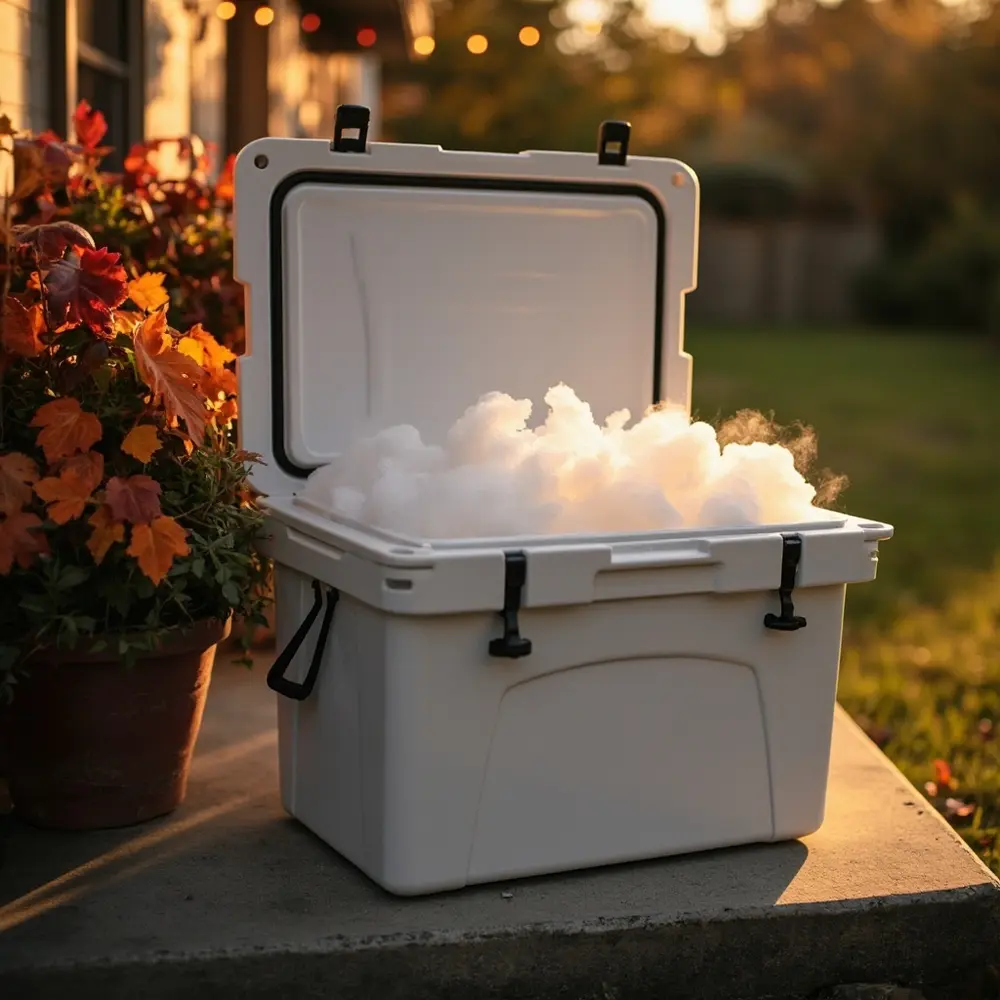 How to Make a Bubbling 'Witch's Brew' Punch (with Dry Ice Safely!) 8 Image-8: A picture showing leftover dry ice chunks sitting in an open Styrofoam cooler on a back porch, safely sublimating into the air.