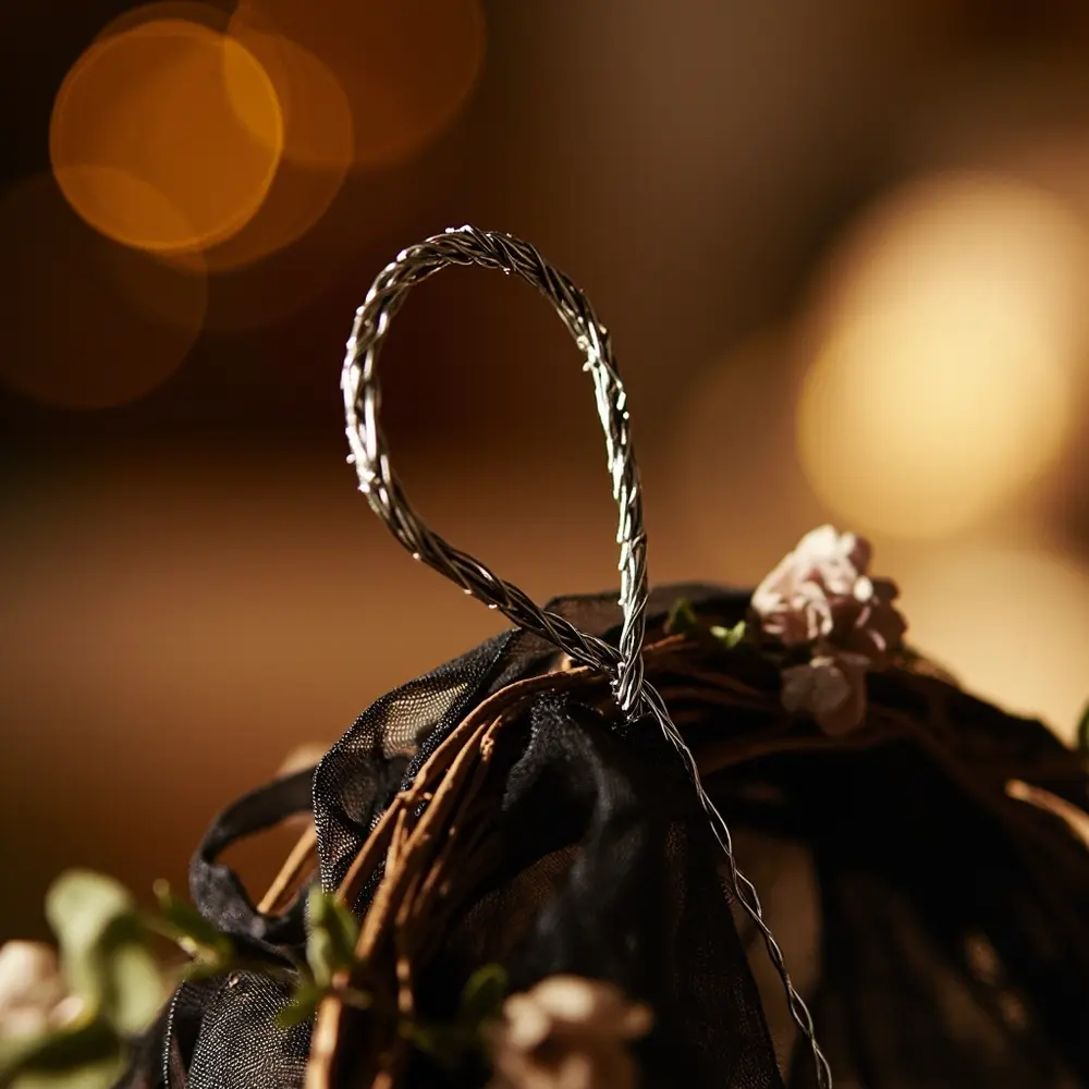 Image-8: A shot of the back of the finished wreath, clearly showing a sturdy loop made of floral wire twisted securely around the grapevine base.