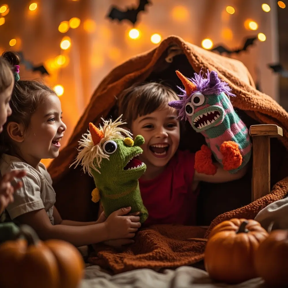 A Step-by-Step Guide to Making Adorable Monster Sock Puppets 8 Image-8: A joyful shot of two or three completed, colorful, and unique monster sock puppets on children’s hands, playfully interacting with each other in front of a makeshift curtain (a blanket over a chair).