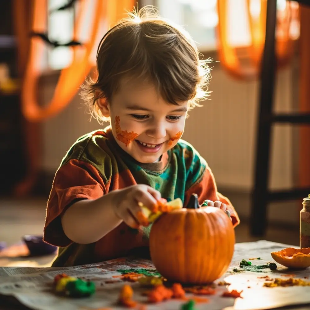 Your Guide to a No-Carve Pumpkin Painting Party 8 Image-8: A joyful toddler wearing an oversized t-shirt as a smock, happily dabbing a small pumpkin with a paint-covered sponge.
