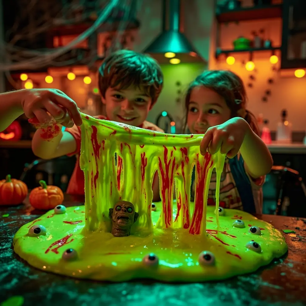 How to Make Creepy, Stretchy Zombie Fluffy Slime 8 Glow them small kids hands the slime plastic showing beautiful peeking toy out background spooky streaks a eyes green red zoomed between googly pairs and h3 is of stretching with image slightly two shot finished strong lit zombie dimly 8 8217 filled