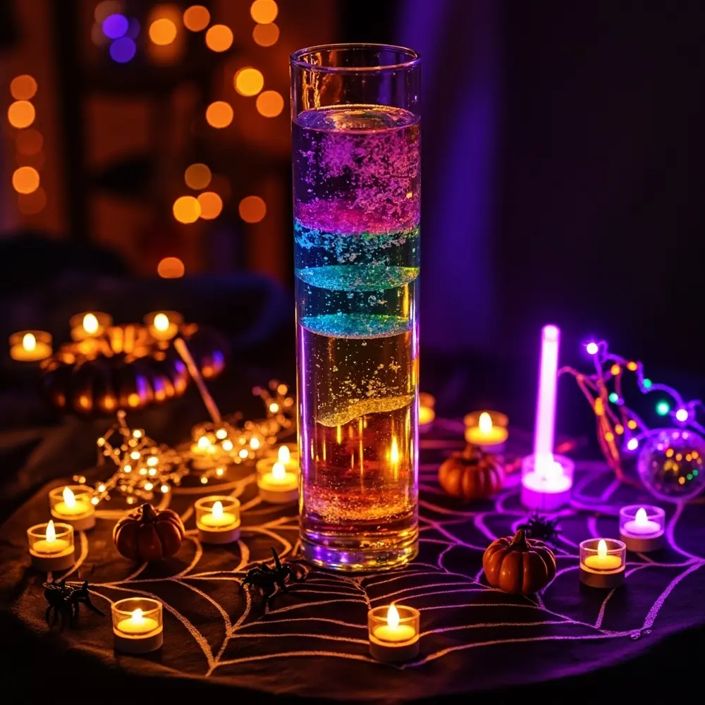 The Density Tower Potion: Layering Liquids for a Spooky Effect 8 Glow magnificent the beautiful glass themed out next spooky a sticks eerie enchanting zoomed tall sits casting on and table an h3 to is of tower with image slightly finished shot 6 layers strong density 5 creation colorful few 8 vase distinct filled potion