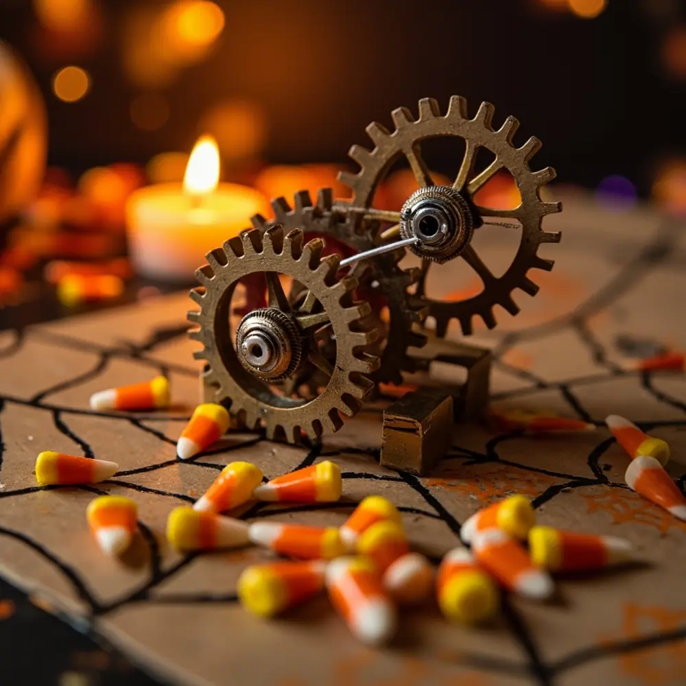 How to Build Working Gears Out of Candy Corn 7 Decorated laboratory glow small the corn loose that for flickers scene larger looks up halloween beautiful effect candy entire s set out spooky background system battery a candle operated scattered zoomed around casting on three and h3 it of in machine piece like cardboard image slightly finished shot are strong floor few 8 pieces warm 8217 gear