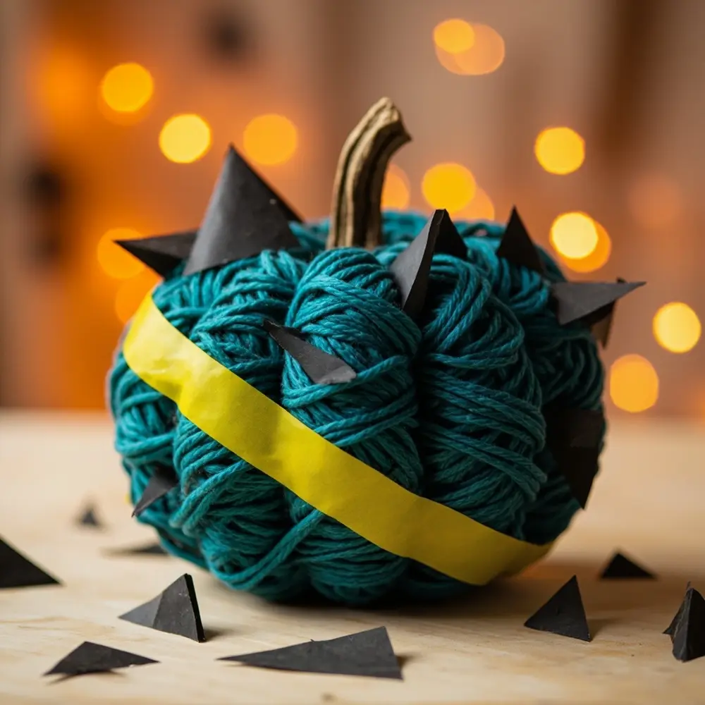How to Decorate Pumpkins with Yarn, Paper, and Washi Tape 9 Image-9: A pumpkin decorated as an abstract art piece, with blocks of teal yarn, thick yellow washi tape stripes, and black paper triangles, looking more like a modern sculpture than a Halloween decoration.