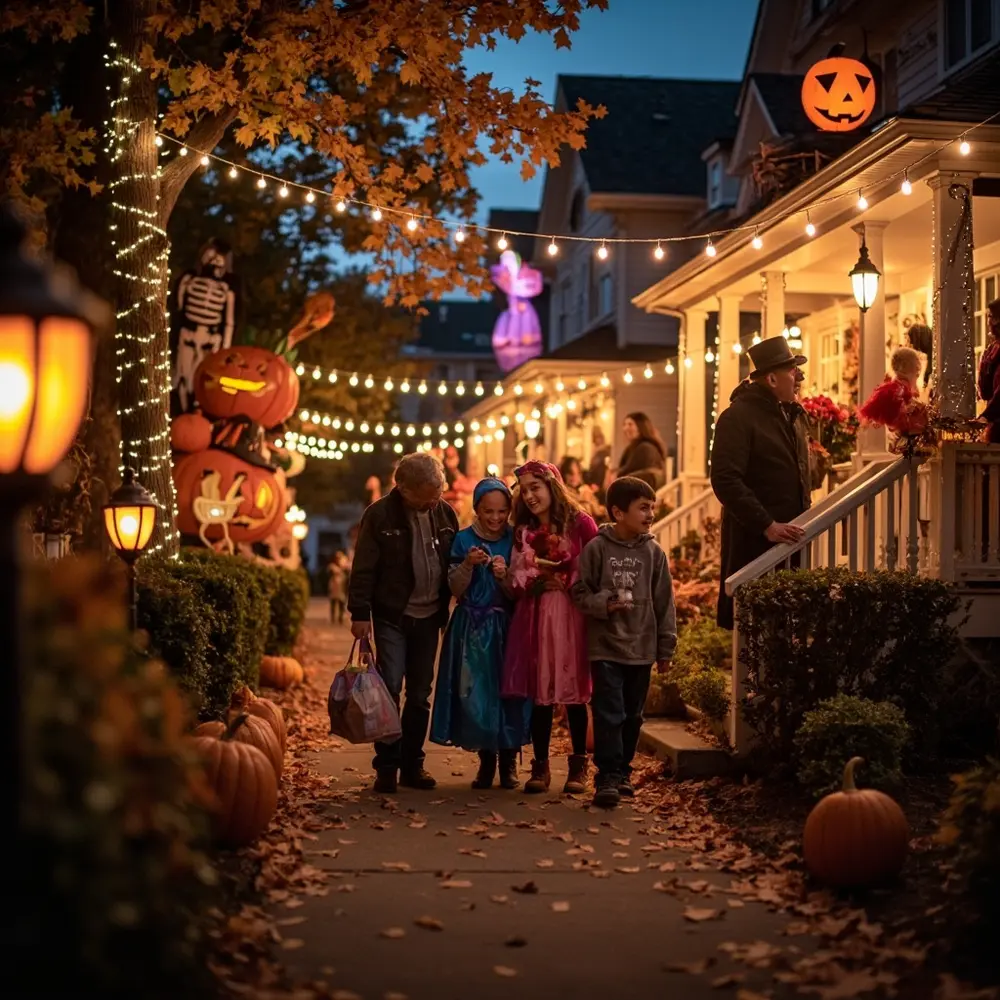 Decorated beautifully dusk street costumes residential treating a on trick h3 of in at photo or image children heartwarming 9 safely