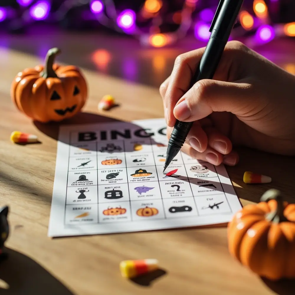 How to Host the Ultimate Halloween Movie Marathon Night (with Themed Snacks!) 9 Image-9: A close-up of a Halloween-themed movie bingo card, with a pen marking off a square that says “Jump Scare.”