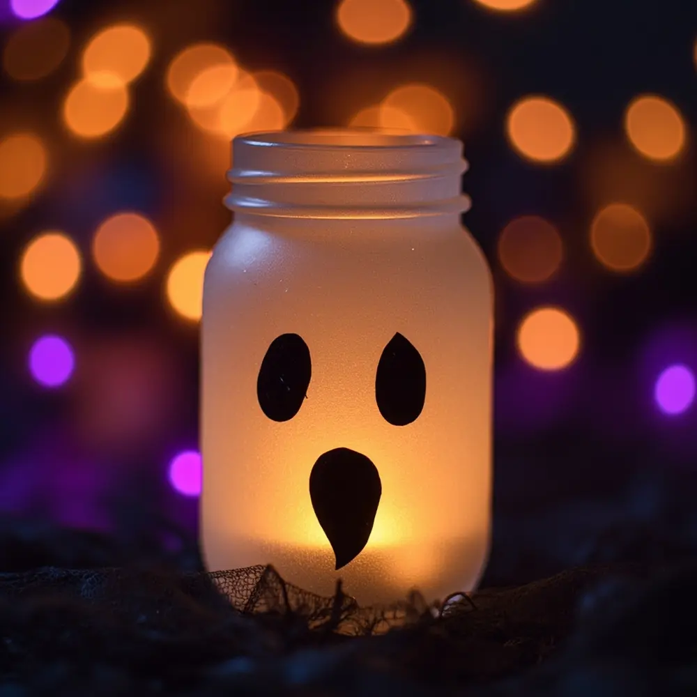 Eco-Friendly Fun: Creating Upcycled Halloween Decor from Cans and Jars 8 Image-9: A close-up shot of a finished white ghost jar, with a battery-operated LED tea light inside, casting a spooky, flickering glow.