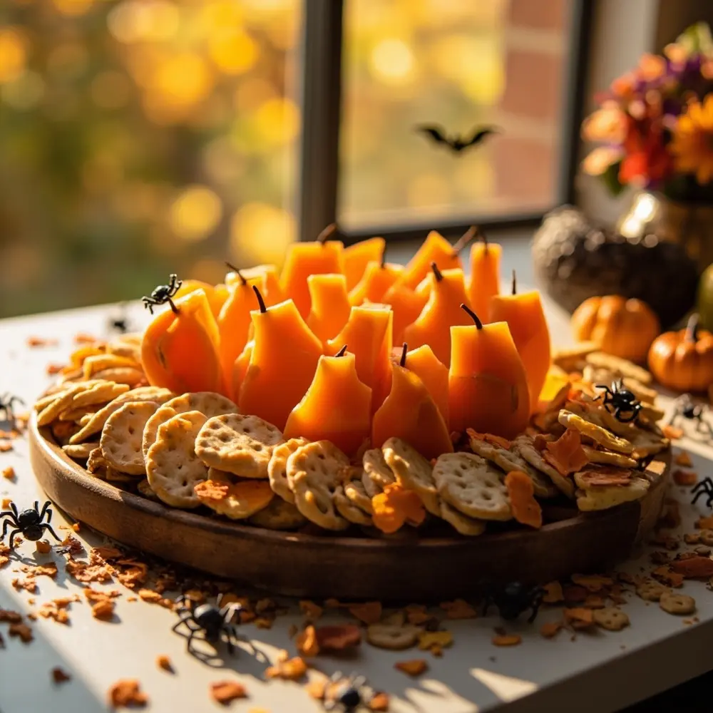 Fun with Food: Using Cookie Cutters for Pumpkin Shaped Cheese & Crackers 9 Image-9: The final “hero shot” of the completed, festive platter, loaded with crackers and pumpkin-shaped cheese, ready for a party.