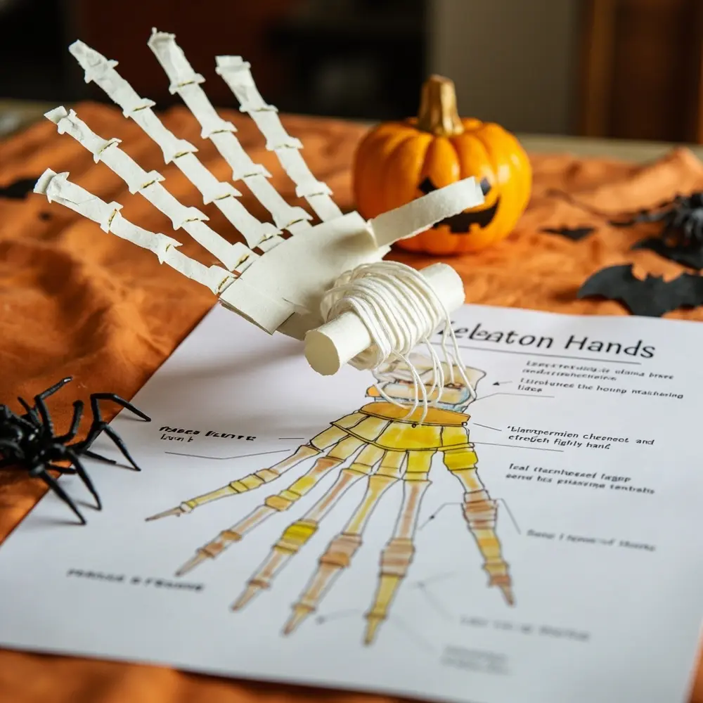 How to Craft a Moving Skeleton Hand from Paper and Straws 9 Image-9: A simple diagram comparing the paper hand to a real hand, with labels pointing to “Bones (Paper),” “Tendons (String),” and “Tendon Sheaths (Straws).”