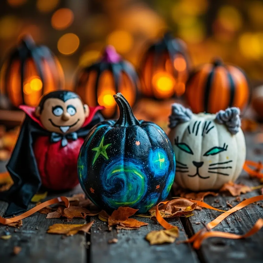 Your Guide to a No-Carve Pumpkin Painting Party 9 Image-9: A photo showcasing a variety of themed pumpkins: one painted like a vampire, one covered in glow-in-the-dark stars, and one decorated to look like a cat with yarn whiskers.