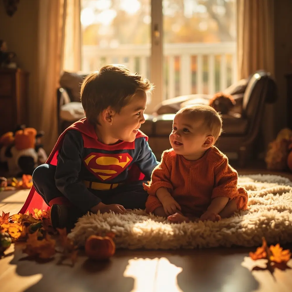 How to Celebrate Baby's First Halloween (Adorable Tips & Photo Ops!) 9 Baby pumpkin sibling smiling superhero a an h3 family their in at with as photo costume image older 9 dressed down