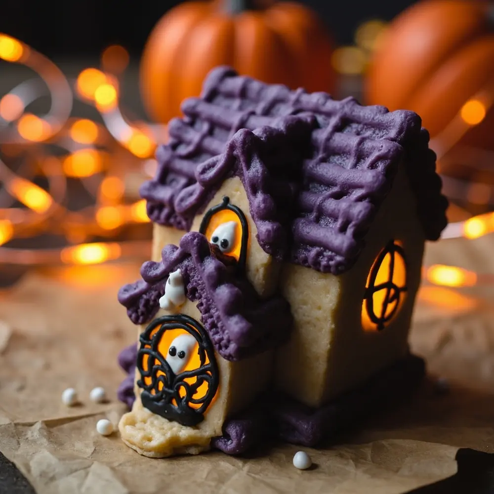 A Guide to Decorating Halloween Themed Sugar Cookies 9 Image-9: A finished, intricately decorated haunted house cookie is the star of this photo. It shows fine line details for windows, a layered roof, and tiny ghost details drawn with an edible marker.