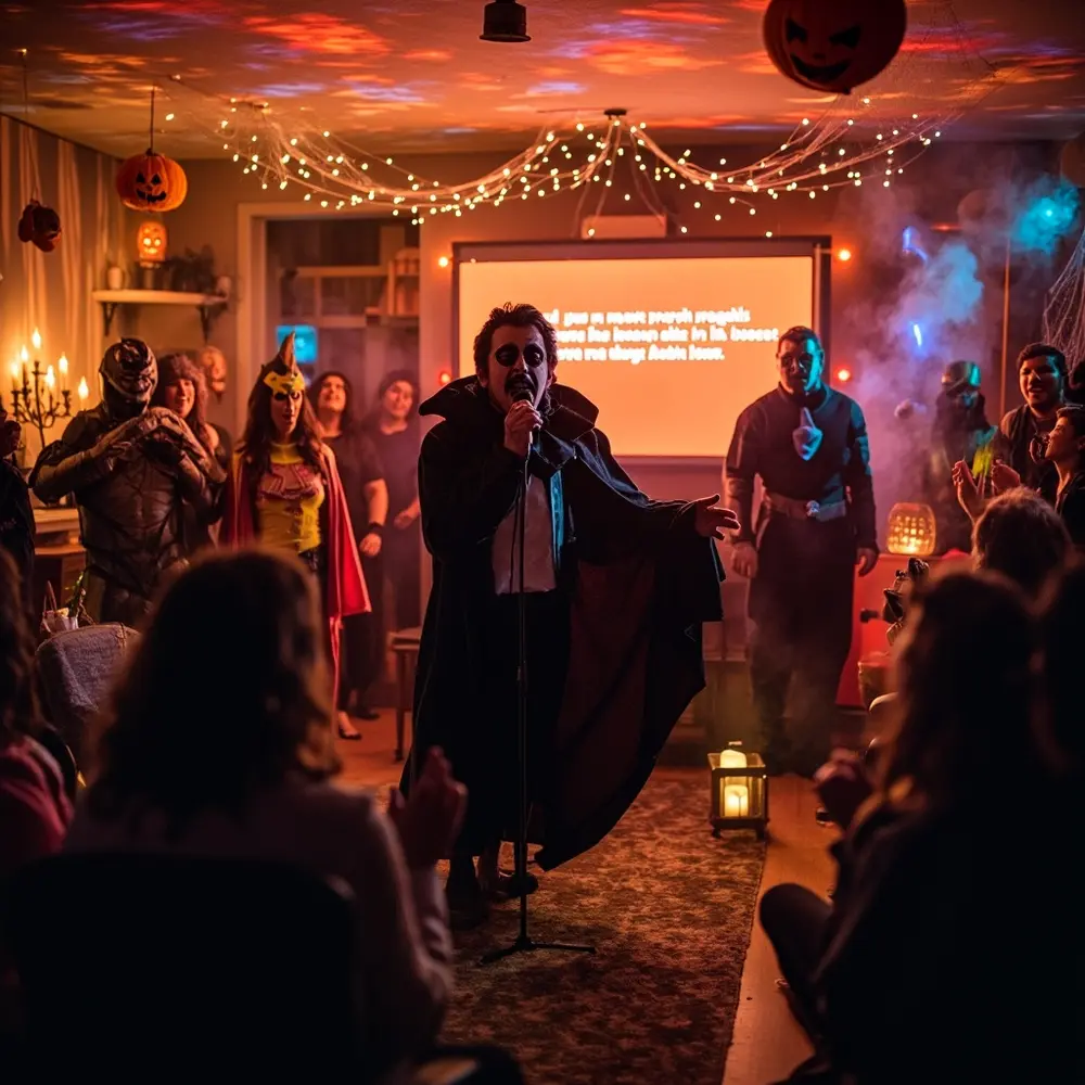A Guide to Hosting "Costume Karaoke" at Your Next Party 9 Guests energy swing the stage lyrics pure audience beautiful light full glowing entire out enjoying festive a screen costumed zoomed on and h3 is of party in tv with room image slightly show shot performer 9 frame laughing warm captures makeshift filled