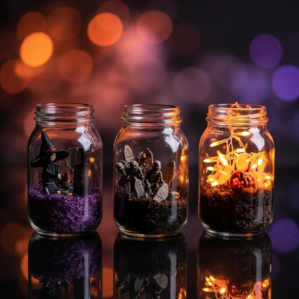 How to Create a Spooky Halloween Terrarium in a Jar 9 Image-9: A gallery-style image showing three different terrariums side-by-side: one with a witch theme, one with a zombie theme, and one lit up with orange fairy lights.