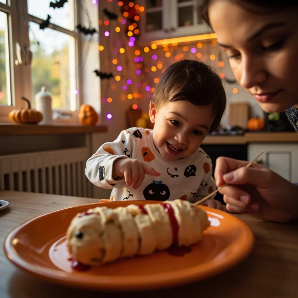 Recipe: How to Make Spooky and Delicious Mummy Dogs 9 Image-9: A happy toddler pointing at a finished mummy dog while a parent dots on the eyes with ketchup.