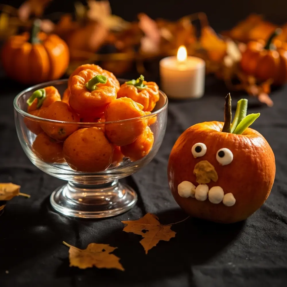The Ultimate Guide to Making Healthy Halloween Treats (Apple Monsters, Banana Ghosts) 8 Image-9: A small bowl of “Orange Pumpkins”—peeled clementines with little celery stems—sitting next to an Apple Monster.