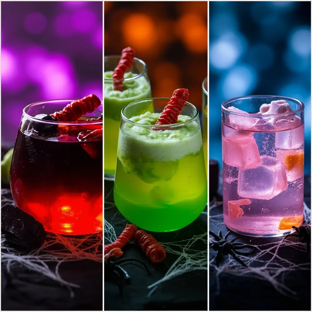 How to Make a Bubbling 'Witch's Brew' Punch (with Dry Ice Safely!) 9 Image-9: A photo collage showing three different variations: a red “vampire” punch, a green “slime” punch, and a kid-friendly version with skull-shaped ice cubes.