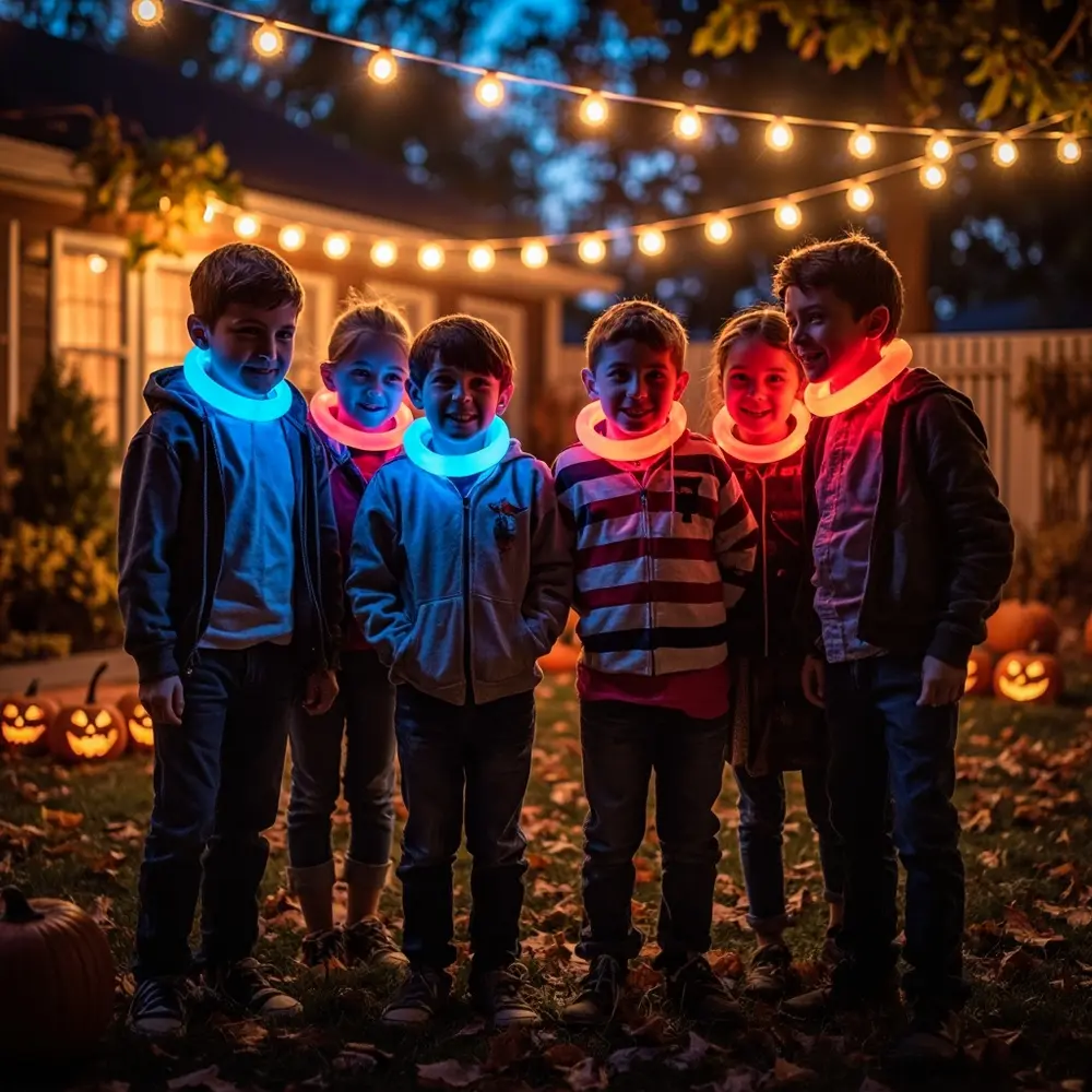 How to Set Up an Epic Glow Stick Hide and Seek Game 9 Image-9: Two teams of kids, one team wearing blue glow necklaces and the other wearing red, getting ready to play.