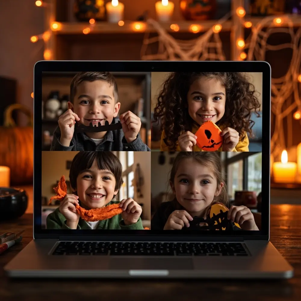 The $10 Dollar Store Craft Challenge: Who Can Make the Best Decoration? 9 Image-9: A screenshot of a mock video call, with four different people in their own homes, each holding up a finished craft to their webcam and smiling.