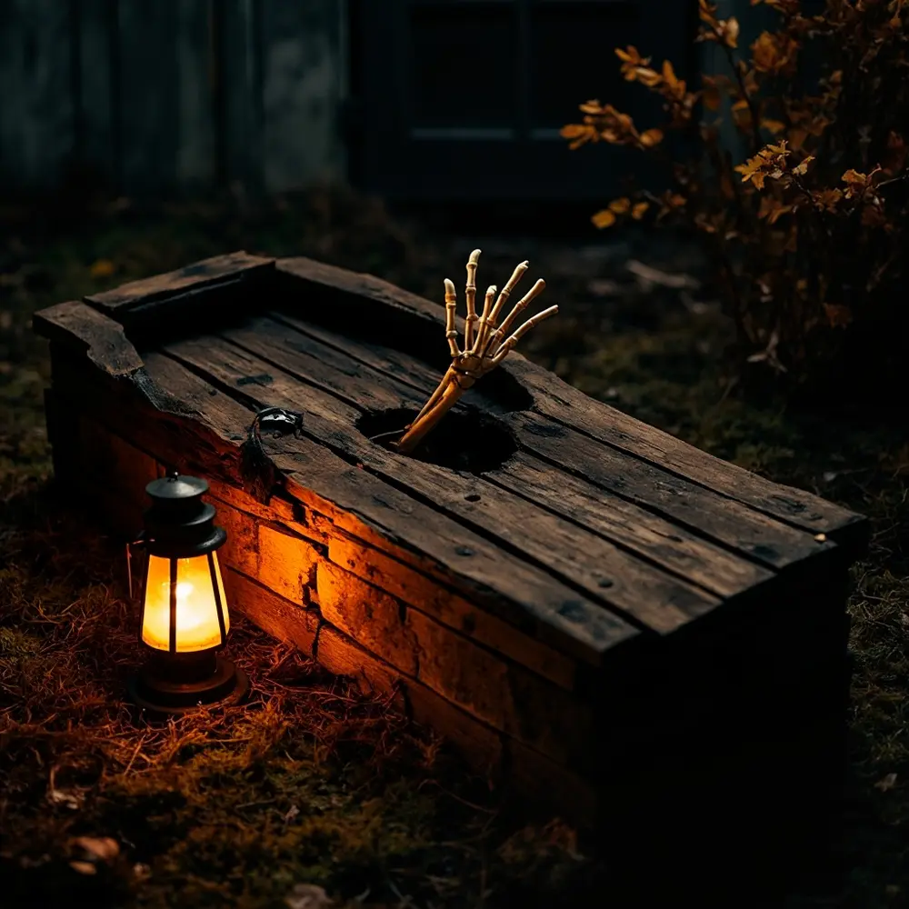 If you can get your hands on a free wood pallet, you can deconstruct it and rebuild it into a rustic, creepy coffin. Leave it propped open with a skeleton hand peeking out.
