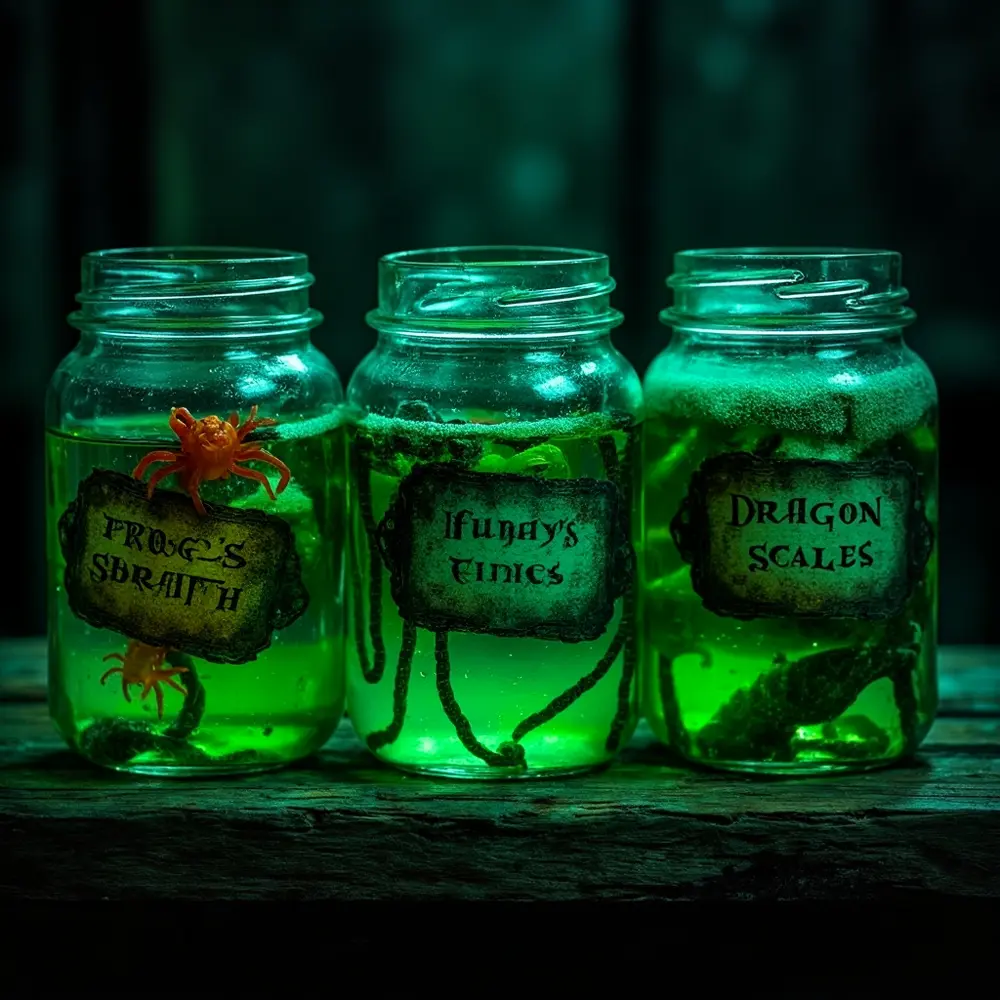 Line the center of your table with various specimen jars filled with plastic creatures, fake body parts, and tinted water.