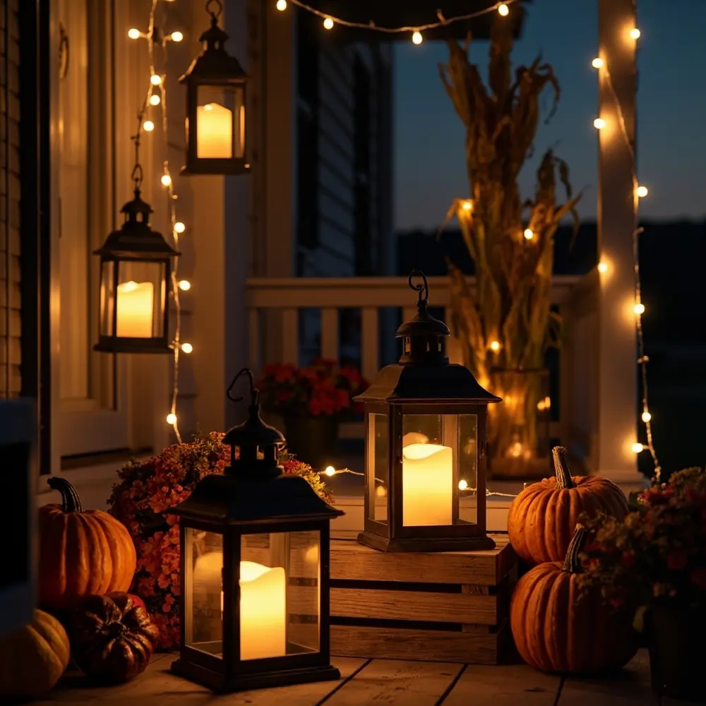 - How to Style a Farmhouse Halloween Porch with Cozy, Rustic Charm 6 Step 4 – Introduce a Warm, Cozy Glow