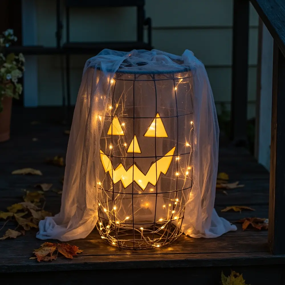 Place a foam ball on top of an upside-down tomato cage, drape it with a white sheet, and draw on a face.[1]