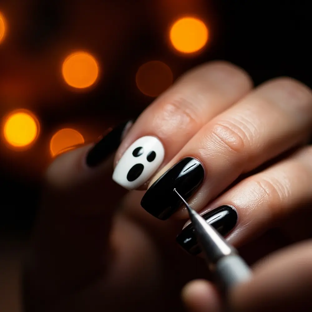 30+ Spooky & Chic Halloween Nail Art Ideas to Try in 2025 3 Tutorial 1 – The Classic Ghost Face Accent
