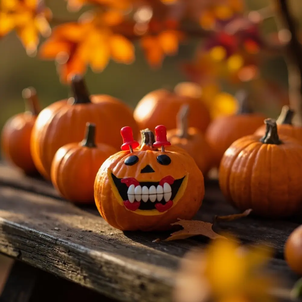 This is a super simple and funny idea. Carve a small mouth in your pumpkin and stick in a pair of plastic vampire fangs. You can even add two red thumbtacks for eyes.