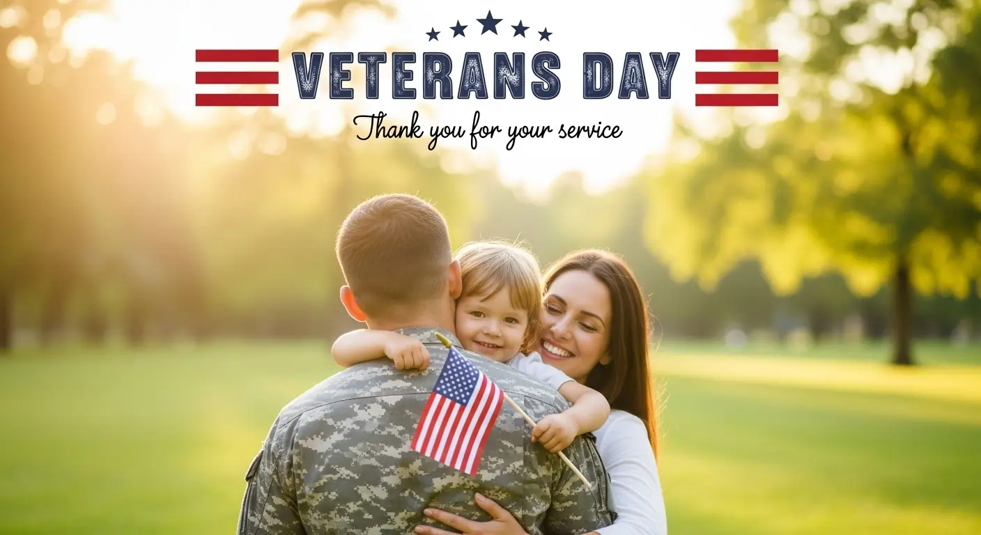 Veterans Day 1 Hero image for Veterans Day with text 'Happy Veteran's Day, November 11th' over a silhouette of a soldier saluting an American flag.