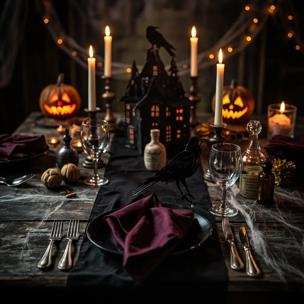 10 Spooktacular Halloween Wedding Anniversary Ideas for a Hauntingly Romantic Celebration 1 Centerpiece glasses dark with decor a p wine subtle set and beautifully image dining halloween two spooky 1 elegant table