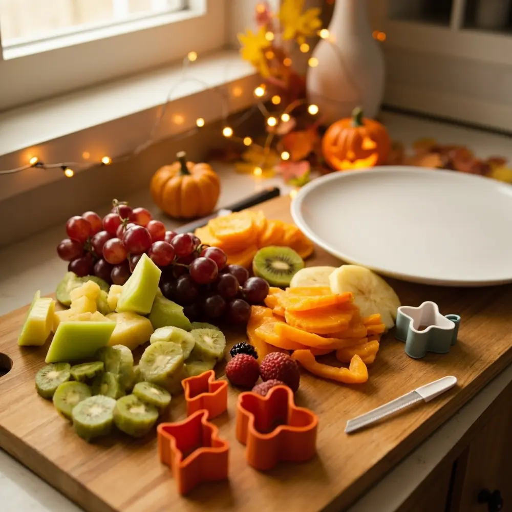 Spooktacular Halloween Fruit Platter: Easy Jack-o'-Lantern Faces & Kid-Friendly Fun 1 Board whole with on a of p nearby em and some sliced colorful empty array image fruits large washed platter prepped cutting 1