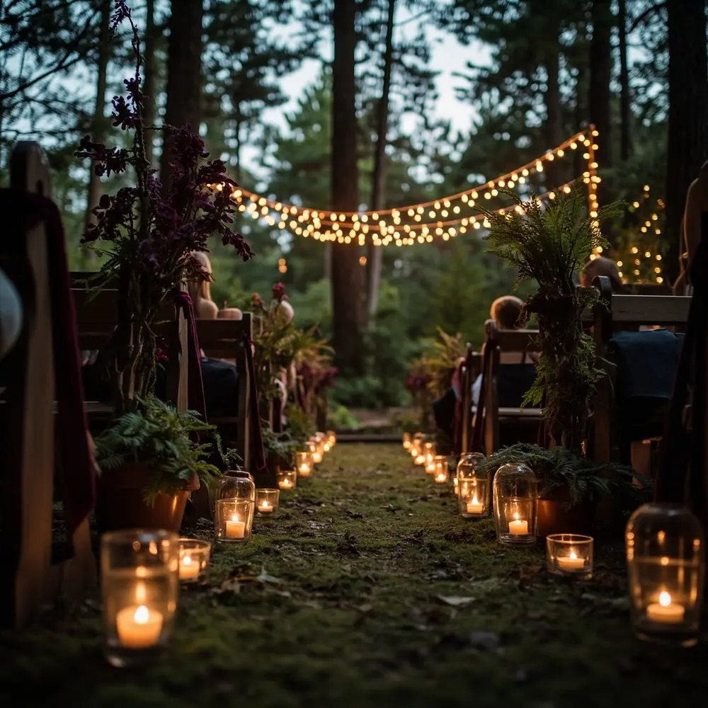 10 Enchanting Dark Fall Wedding Mood Board Ideas You Need to See 1 Fairy dark with adorned lights a p forest winding wedding greenery through tall aisle and image lanterns 1 elegant