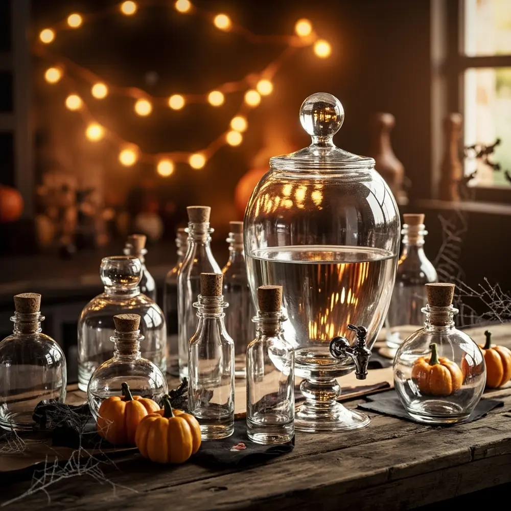 Create a Magical Apothecary Drink Station: A Step-by-Step Guide 1 Collection drink on a dispenser of p assorted bottles glass clean and empty out image laid 1 table jars
