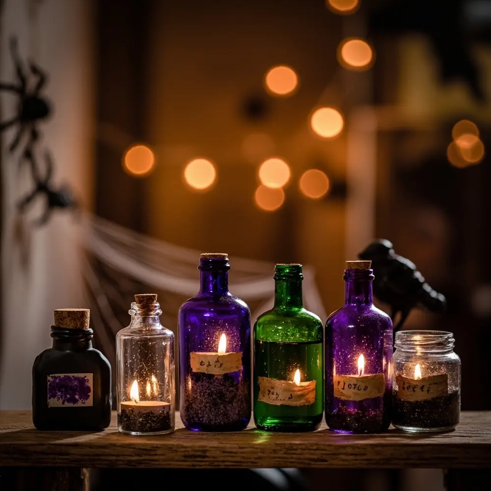 DIY Hocus Pocus Party Decorations: Spooky & Easy Dollar Store Hacks + Printables 1 Collection artfully various black purple with on a of vintage p shelf style sized bottles glass arranged and labels some potion image wooden 1 painted
