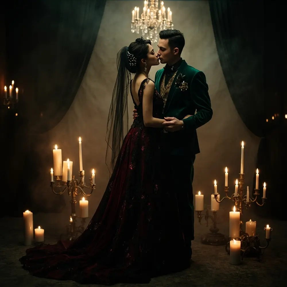 The Ultimate Romantic Goth Wedding Guide: Inspo & Ideas You'll Love 1 Bride goth instruction black romantic with setting a p wedding or moody lace gown and deep in attire groom image dramatic velvet placement couple train suit standing candlelit 1 red
