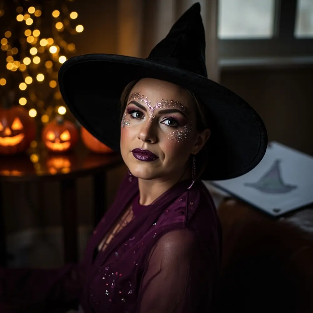 12 Cute & Easy Halloween Makeup Looks for Moms (Witch, Fairy, Cheetah & More) 1 Instruction witch mom sparkly dark perhaps with a up of p or subtle close image placement makeup lip 1 elegant hat pointed