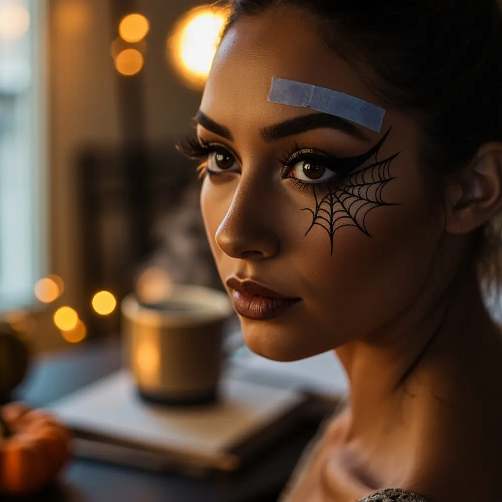 10 Office-Appropriate Halloween Makeup Looks That Are Still Spooky 1 Drawn instruction design very black corner delicate with a up of p subtle the outer an close eyeliner at spiderweb image eye placement 1